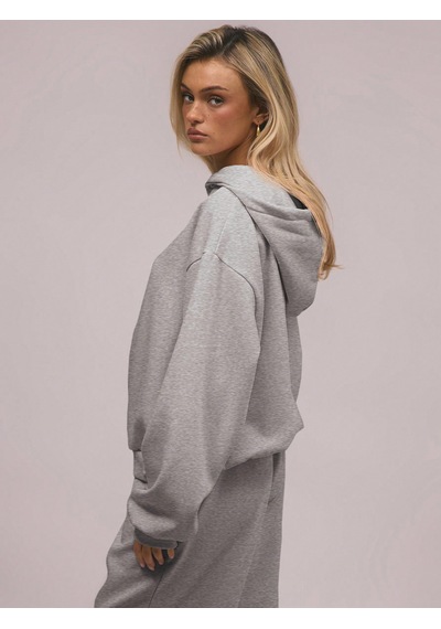 Macklin Unisex Kadın Erkek Baskısız Rahat Kalıp Oversize 3 İplik Kapüşonlu Hoodie Ve Baggy Eşofman Altı Gri Melanj