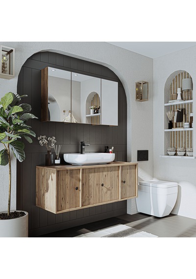 Oval Lavabolu Mat Mdf 120 Cm Banyo Alt Dolabı + Aynalı Dolap Atl Atlantik Çam