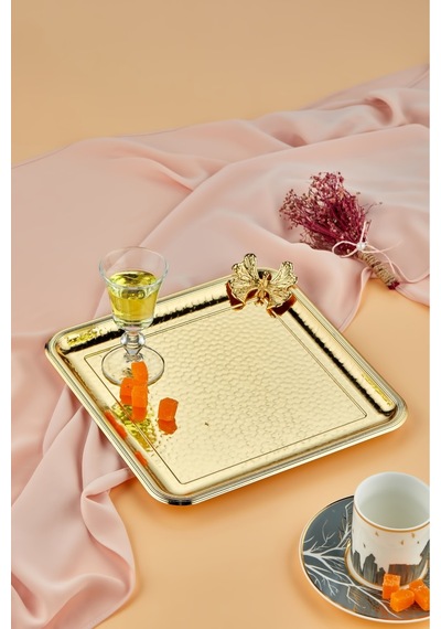 Cooker 25 Cm Kelebekli Metal Kare Gold Sunum Tepsisi Ckr3175 Diğer