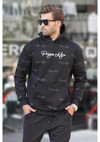 Madmext Siyah Baskılı Kapşonlu Cep Detaylı Erkek Sweatshirt 7075 Siyah