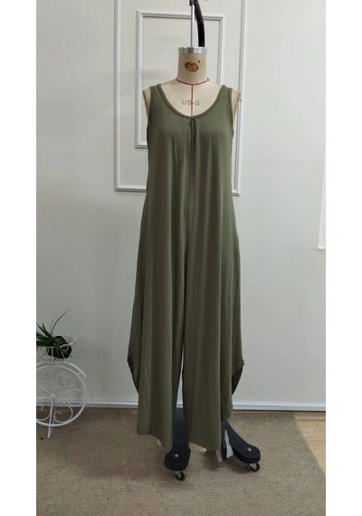 Defymoda Kadın Askılı Yuvarlak Yaka Cepli Salaş Uzun Viskon Tulum Haki