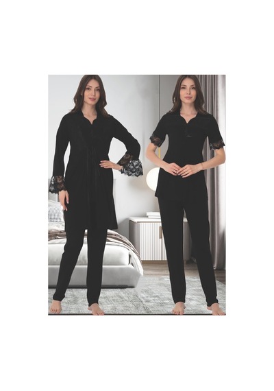 Effortt Dvina Lohusa Hamile Sabahlıklı Pijama Takımı - Siyah Siyah