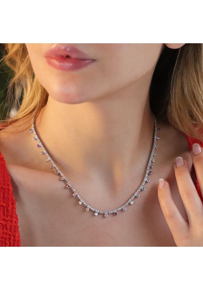 Renkli Taşlı Su Yolu Gümüş Kolye Gümüş