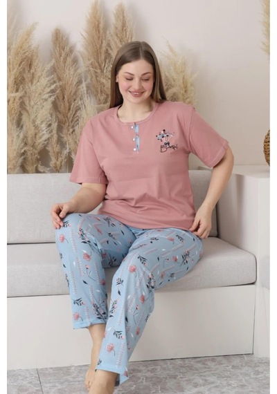 Sude Kadın Büyük Beden Düğme Yaka Penye Kısa Kol İnce Pijama Takımı P127 - 1 Adet Pudra