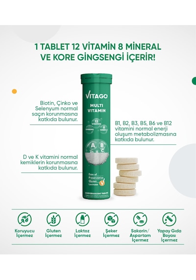 Multivitamin, Multimineral İçeren 20'li Efervesan Tablet
