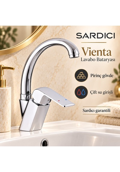 Sardıcı Vienta Lavabo Bataryası Pirinç Gövde Paslanmaz Boru Çift Su Girişli Krom