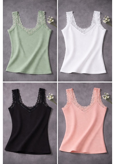Demirsa Boutique Dantel Detaylı Modal Kumaş Askılı Siyah, Beyaz, Pudra Ve Yeşil Renk 4'lü Kadın Atlet Çok Renkli4 Demirsa Boutique Dantel Detaylı Modal Kumaş Askılı Siyah, Beyaz, Pudra Ve Yeşil Renk 4'lü Kadın Atlet Çok Renkli4