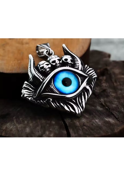 Paslanmaz Çelik Kurukafa Detaylı Evil Eye Mavi Göz Kolye