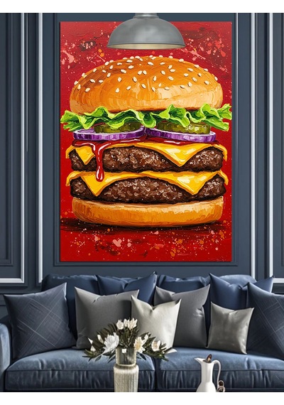 Katmanlı Dev Bir Cheeseburger Yemeği Dekoratif Kanvas - Mdf Ahşap Tablo