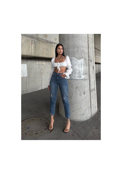 Kene Jeans Yüksek Bel Tintli Tam Kalıp Lazer Yırtık Mom Jeans Tint İşlemli