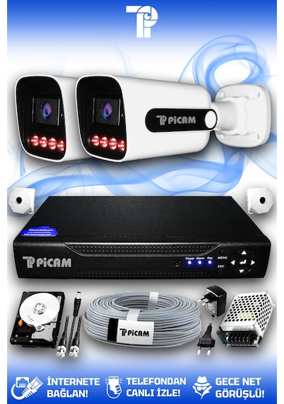 Picam 2 Kameralı Zebra 2 Dış Kamera Set 100 Gb 5 Mp 2k Net Gece Görüşlü Güvenlik Kamerası Sistemi
