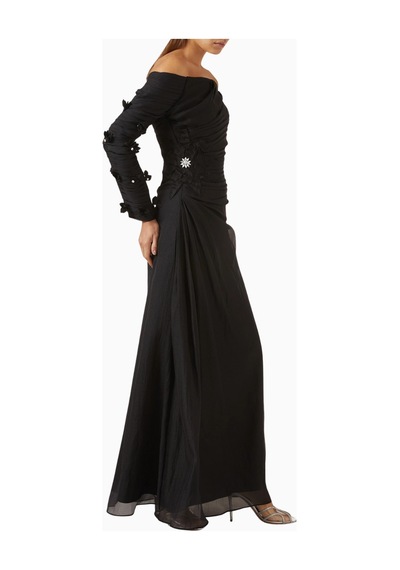 Ac By Aanchal Chanda 3d Floral - Applique Gown Omzu Açık Kadın Elbise Siyah