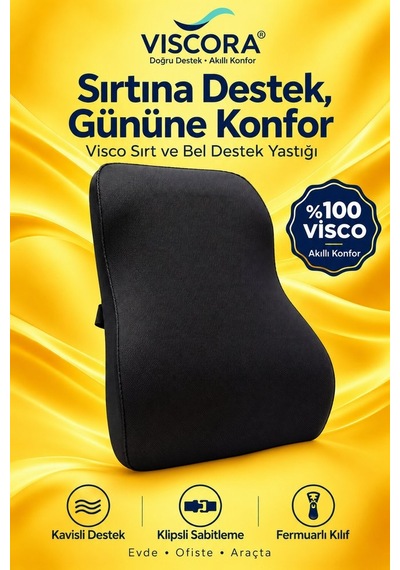 Araba Sırt Minderi Ofis Koltuk Sırt Minderi Ergonomik %100 Visco Klipsli Destek Yastığı, Siyah 45