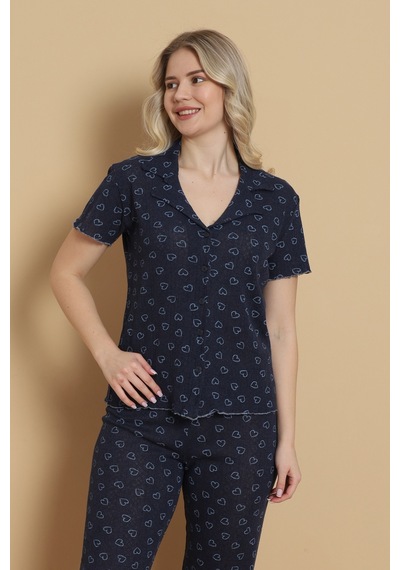 Wordex Mirano 1711 Kalp Desenli Pointel İnce Kumaş Düğmeli Kısa Kollu Kadın Pijama Takımı Lacivert Wordex Mirano 1711 Kalp Desenli Pointel İnce Kumaş Düğmeli Kısa Kollu Kadın Pijama Takımı Lacivert