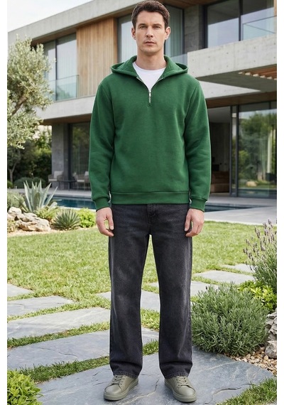 Tudors Unisex Relax Fit Rahat Kesim Pamuklu İçi Polarlı Yarım Fermuarlı Yeşil Kapüşonlu Sweatshirt-37026