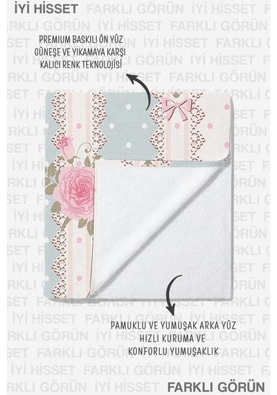 Gül Çiçekli Dantel Detaylı Plaj Havlusu-vintage Romantik Pastel Mavi Hızlı Kuruyan Mikrofiber Havlu Kül Karamel