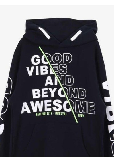 Breeze Erkek Çocuk İçi Şardonlu Kapüşonlu Good Yazılı Sweatshirt-11500 Lacivert