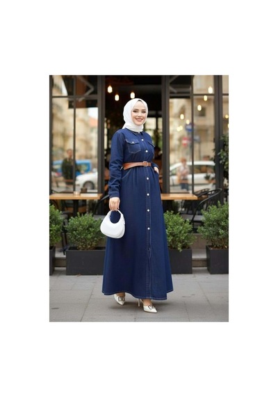 Hb Harma Time Butik Kadın Düğmeli Kemerli Denim Lacivert Kot Elbise Lacivert Lacivert