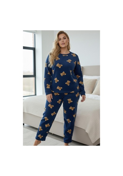 Siyah İnci Büyük Beden Polar Kışlık Örme Pijama Takım 25222586 mavi