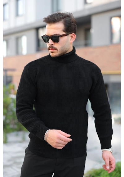 Defymoda Erkek Boğazlı Örme Kazak Siyah