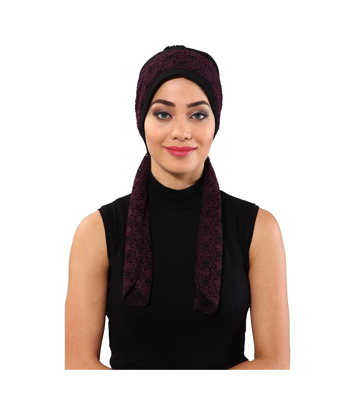 Elysianfidan Buklet Bandana Bağlamalı Siyah Mor Hazır Türban Tesettür Bone Siyah-mor
