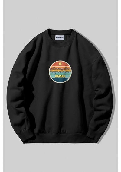 Harmandar Günaydın Uyandım Ben Baskılı Bisiklet Yakalı Siyah Sweatshirt Hoodie SiYAH