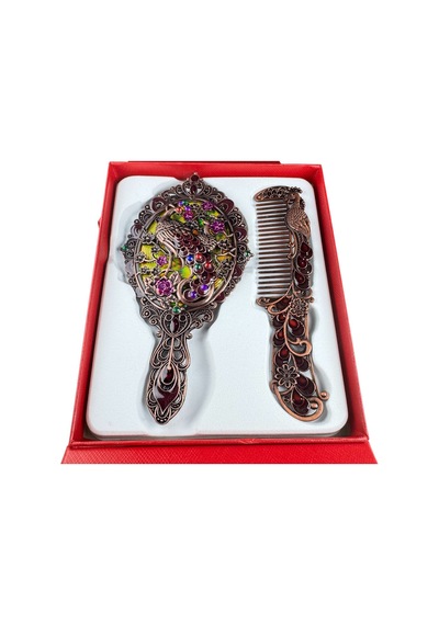 Tavus Kuşu Desenli Vintage Ayna Tarak Seti Özel Tasarım Ve Özel Kutulu 13,5 Cm & 13 Cm Çok Renkli 841686677