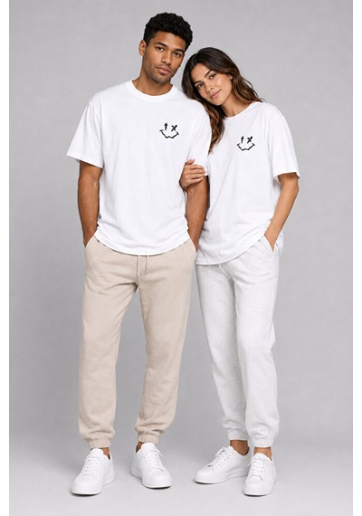 Nevermind Sevgili Kombini Smiley Baskılı Çift Tişört Oversize Unisex %100 P Beyaz