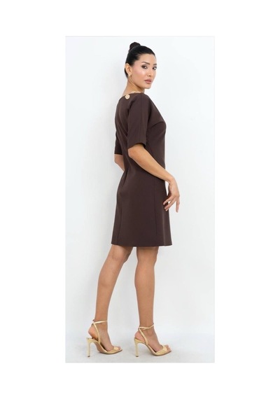 Dorne Moda Omuz Düğme Detaylı Mini Elbise Kahverengi Kahverengi