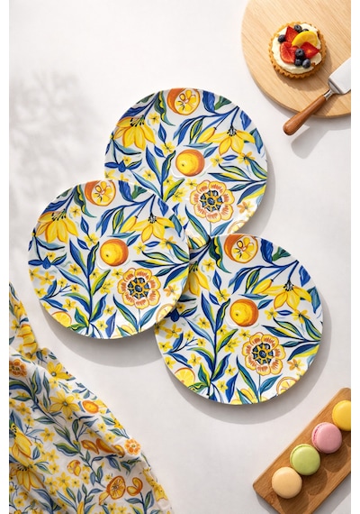 Grandora Renkli Narenciye Çiçek Desenli 6 Adet, 27 Cm Servis Tabağı Pasta, Tatlı, Kahvaltı Tabağı Seti Çok Renkli