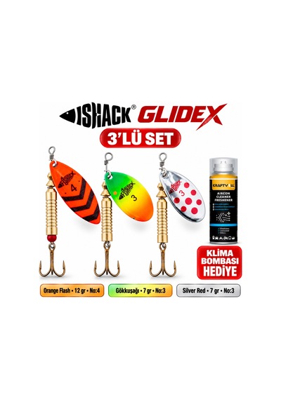 Fishack Glidex 3'lü Döner Kaşık Seti + Klima Bombası - Orange Flash 12 Gr No:4 + Gökkuşağı 7 Gr No:3 + Silver Red 7 Gr No:3