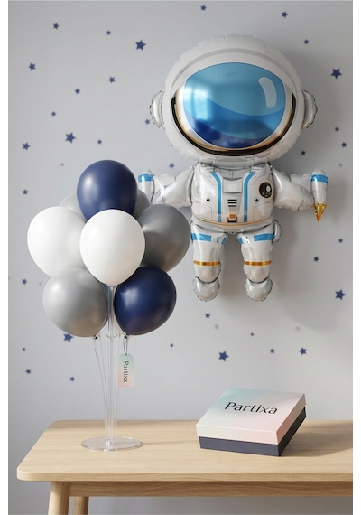 Büyük Astronot Balon Stand Seti Şeffaf 7 Li Stand + Büyük Astronot Folyo Balon 88 120 Cm + 7 Lateks Balon