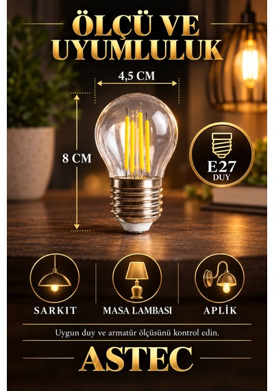 Astec E27 Mini 4 Watt Glop Gün Işığı Ampul Dekoratif Gün Işığı 3200k Filament Led