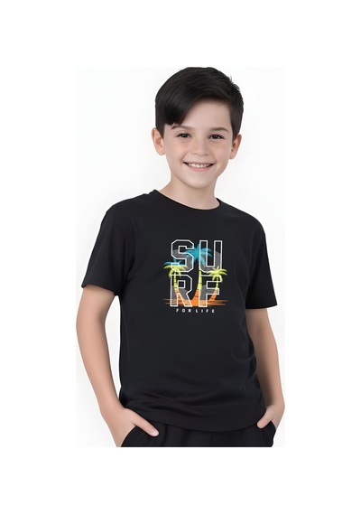 Panios Kids Surf Baskılı Erkek Çocuk Kısa Kollu Tişört Siyah