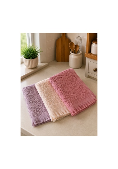 3'lü Jakarlı Püsküllü Mutfak Havlusu Seti 30x50 Cm %100 Pamuk - Softrosette Çok Renkli