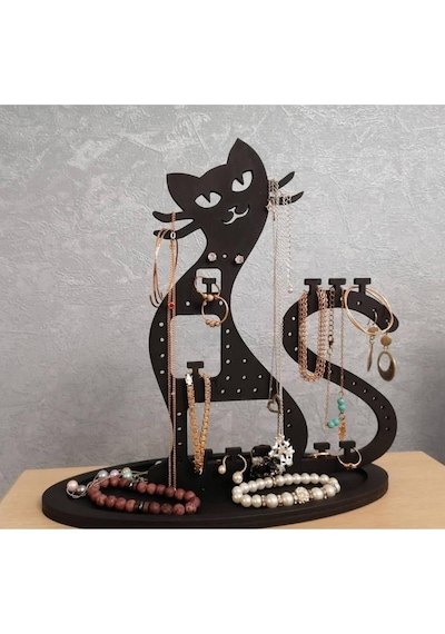 Takı Standı Kedi Figürlü Takı Küpe Standı Ahşap Takı Kutusu
