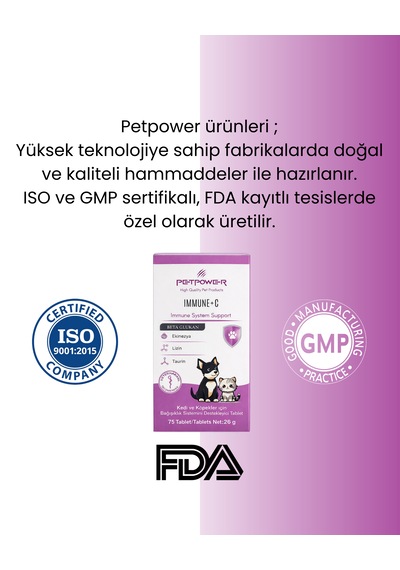 Petpower Kedi Köpek Desteği, Beta Glukan, C Vitamini, Taurin Tablet 75 Adet