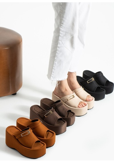 Dabab Shoes Lunara Kadın Taba 10 Cm Platform Topuk Tokalı Kalın Taban Terlik Sandalet