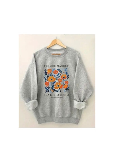 Herkesemoda Çiçekler Baskı Detaylı Bisiklet Yaka İçi Polarlı Sweatshirt Gri