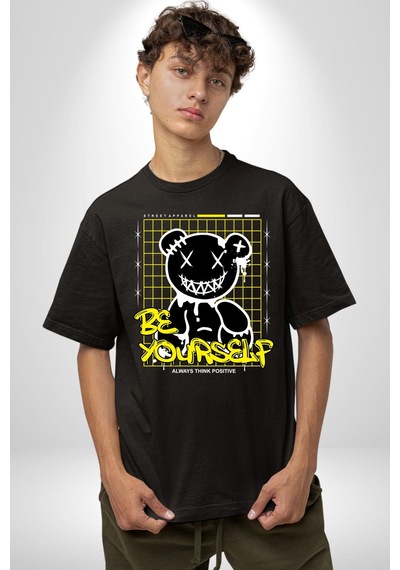 Kendin Ol Pamuklu Bisiklet Yaka Unisex Oversize Boyfriend Dijital Baskılı Siyah T-shirt Siyah