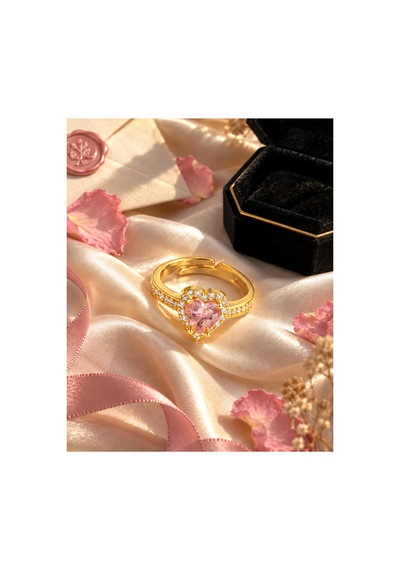 Esoo Jewelry Zirkon Taşlı Ayarlanabilir Kadın Yüzük Altın Renk Pirinç - Pembe Zirkon