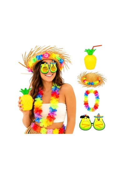 4 Parça Hawaii Parti Seti Ananas Bardak Hasır Şapka Avokado Gözlük Çiçek Kolye Evimdeyokyok