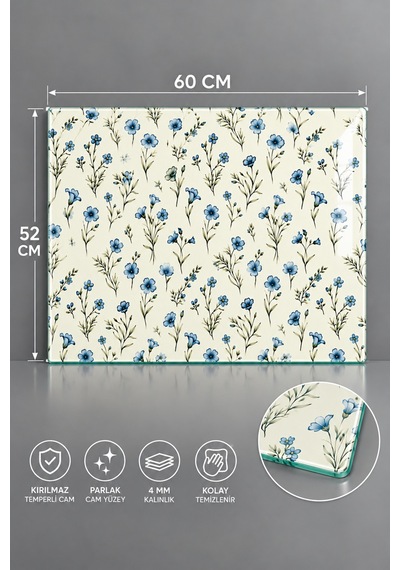 Gökçeoğlu Cam Ocak Arkası Koruyucu Cam Koruyucu Tezgah Ankastre Arkası Mavi Çiçek Temalı Çok Renkli