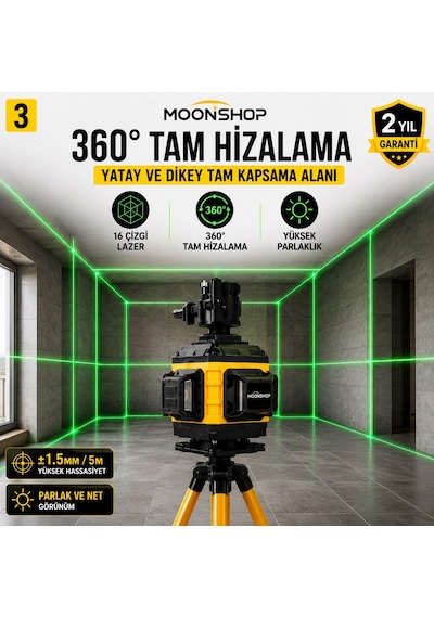 Moonshop 360 Yeşil Lazer Hizalama Seti Şarjlı 16 Çizgili Tripodlu Profesyonel Lazer Terazi