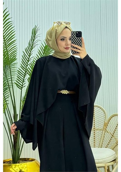 Neşeli Butik Kadın Pelerinli Kemer Detaylı Tesettür Tulum Nms061 Siyah