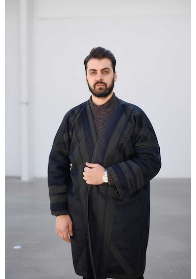 Erkek Uzun Klasik Kürk Palto Görünümlü Kışlık Dış Giyim Unisex Siyah