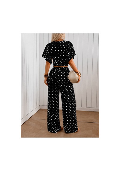 Wild Flower Kadın Puantiyeli İkili Takım Crop Bluz Bol Paça Pantolon Siyah