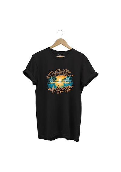 Summer Vibes Baskılı Yazlık Tatil Deniz %100 Pamuk Regular Fit Bisiklet Yaka Siyah T-shirt Siyah