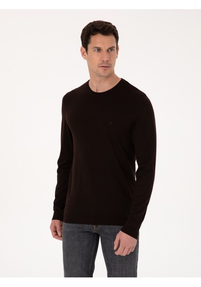 Cacharel Kahverengi Slim Fit Pamuk Karışımlı Bisiklet Yaka Basic Triko Kazak