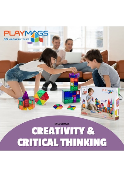 Playmags Manyetik Çocuk Yapı Taşları, 60 Parçalı Manyetik Yapı Blokları, 6 Abc Tıklamalı Stem Geliştirme Oyuncağı Çocuklar İçin Manyetik Yapı Taşları